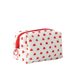 Quilted white cotton makeup bag with red heart patterns and a red zipper ring handle