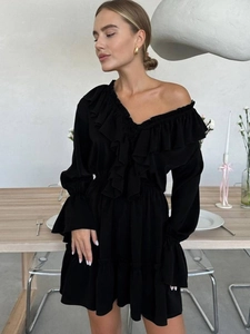 Elegant black V-neck chiffon dress with ruffle hem and flared long sleeves for women