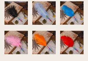 Detail view of six colorful rainbow feather pens displayed on vintage books and stationery