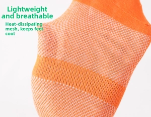 Detail view of breathable orange yoga socks showing the mesh knit texture and ventilation