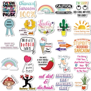 Detail of waterproof PVC stickers with creative sarcastic English slogans in a grid layout