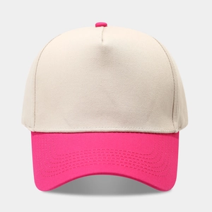 Front view of a 5-panel baseball cap with beige crown and rose red brim contrast