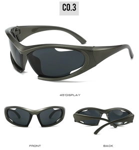 Three-way view of gunmetal Y2K sports sunglasses featuring front and 45-degree angle details