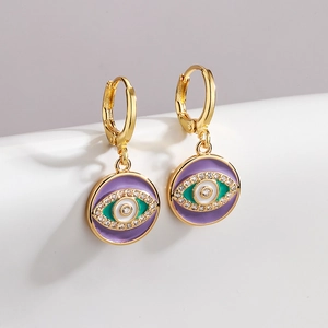 Evil Eye Hoop Earrings Copper 18K Gold Plated Colorful Enamel Zircon Pendant Bohemian Fashion Jewelry For Women
