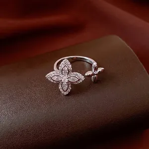 French luxury zircon flower open ring with micro-paved crystals in S925 sterling silver