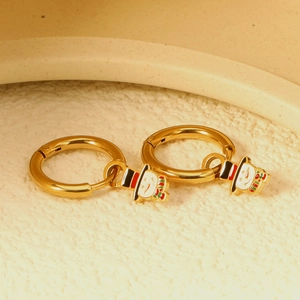Golden Christmas snowman charm hoop earrings for women with colorful enamel details