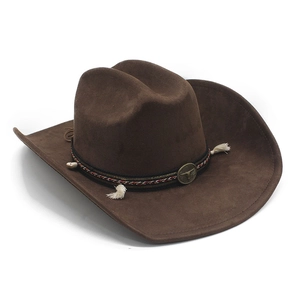 Detail of dark brown western cowboy hat with woven band and bronze bull head emblem