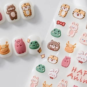 3D embossed nail art stickers featuring cute cartoon animals like bears and tigers
