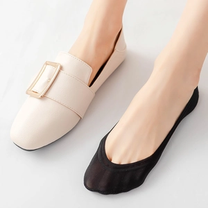 Women's ultra-thin ice silk no-show socks in black, worn with beige square-toe loafers