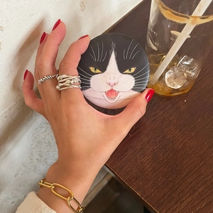 Detail of a 925 sterling silver woven ring shown with a cat-patterned compact case
