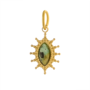Close-up of golden sunburst pendant featuring an oval green natural stone inlay