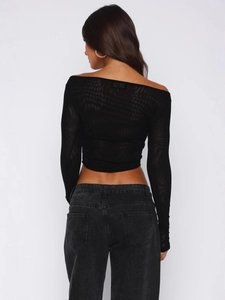 Sexy black off-shoulder mesh crop top with long sleeves and sheer fabric for women