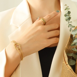 Korean style gold plated titanium steel knotted bracelet and chain ring jewelry set for women