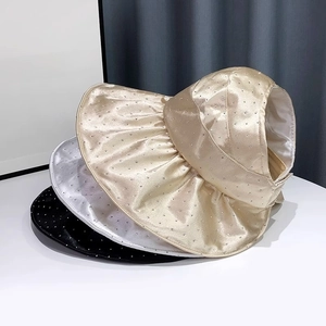 Women Summer Wide Brim Sun Visor Hat Rhinestone Cotton Silk Satin Look Foldable UV Protection Beach Cap Elegant Pleated Top Hat