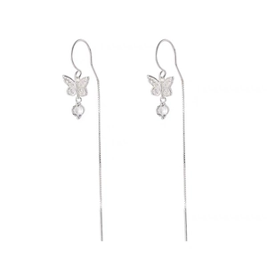 Elegant S925 silver butterfly long tassel earrings with sparkling zircon drop pendants