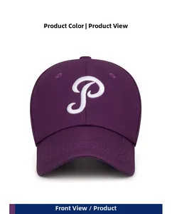 Detailed front view of a purple baseball cap featuring a 3D white embroidered P letter