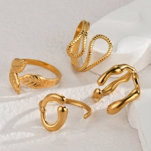 Minimalist 14K gold-plated C-shaped open rings with leaf and snake texture designs