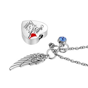 Heart cremation urn necklace with cardinal bird and memorial engraving for ashes