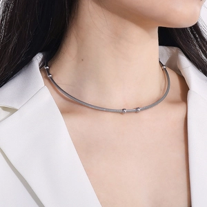 Stainless Steel Cable Wire Choker Necklace With Beads Retro Minimalist Rigid Open Torque For Women
