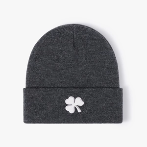 Casual charcoal grey beanie hat with white clover embroidery for winter warmth