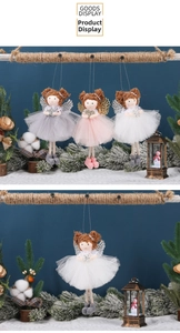 Detailed view of angel ornaments with layered mesh skirts and sequin wings in three colors