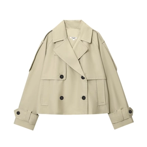 Khaki short double-breasted windbreaker jacket with lapel collar in a flat lay view