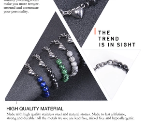 Macro view of heart magnetic clasp on beaded natural stone bracelet for couples