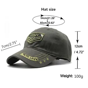 Unisex baseball cap showing detailed size guide including circumference, brim, and depth