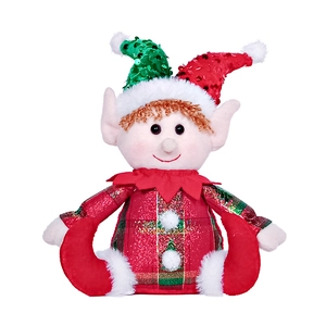 Detailed close-up of a Christmas elf plush with red and green sequins and plaid fabric