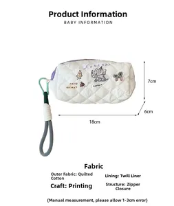 Quilted floral pencil pouch with elephant print and 18x7x6cm dimension details