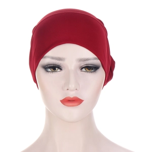 Elastic deep red headscarf cap for women in shiny fabric for professional Muslim headwear