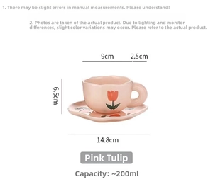 Detailed dimensions of a pink ceramic coffee cup with tulip and soft scalloped saucer
