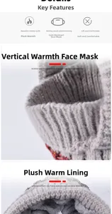 Detail of light grey knit balaclava showing soft fleece lining and windproof face shield