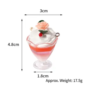 Miniature ice cream sundae keychain with pink flower and berries, weight 17.5g