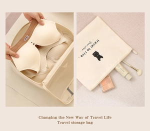 Detail view of beige mesh travel organizers with cute puppy print and carry handles