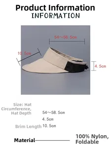 Detailed size specifications for foldable nylon visor with adjustable strap and 10.5cm brim