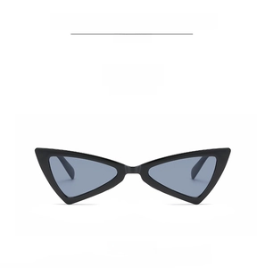 Front view of trendy black triangular cat eye sunglasses with dark gray lenses