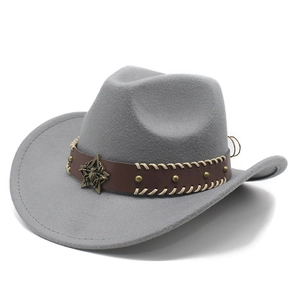 Dark grey western cowboy hat with brown leather rivet band and star emblem