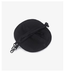 Detail of black mesh storage bag with adjustable drawstring and hook for outdoor hats
