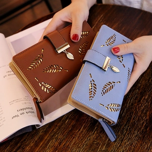 Elegant long PU leather wallet for women with hollow leaf pattern and gold zip pendant