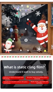 Close-up of static PVC Christmas window stickers showing snowman and Santa Claus patterns
