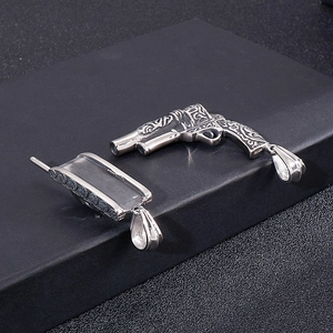 Vintage punk silver stainless steel pendant featuring detailed pistol and magazine design