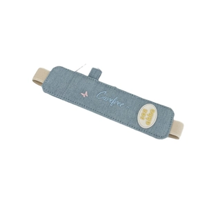Denim elastic pen holder sleeve for iPads with pink butterfly embroidery and blue fabric