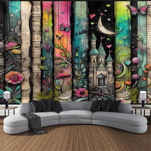Detail view of fantasy Christmas tapestry with castle and moon over a modern sofa