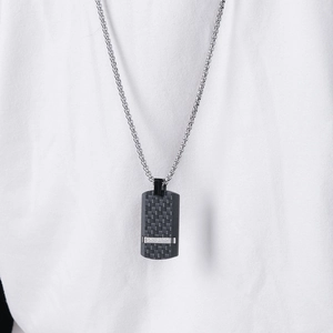 Men's carbon fiber black dog tag necklace with inlaid stones and stainless steel chain