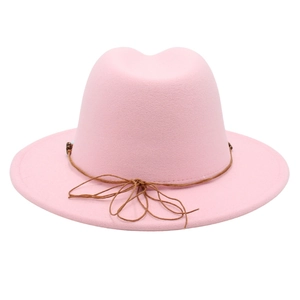 Pink wide brim felt fedora hat with brown beaded string decoration for men and women