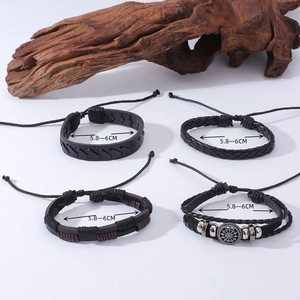 Retro multi-layer woven leather bracelet set of four with vintage metal beads and gear charms