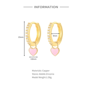 Detailed size chart for pink heart dangle earrings with dimensions and material specs