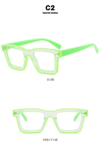 Detail view of square TR90 glasses frame in transparent neon green C2 colorway
