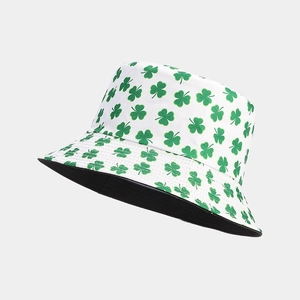 Fashionable double-sided bucket hat featuring green shamrock prints and black inner lining